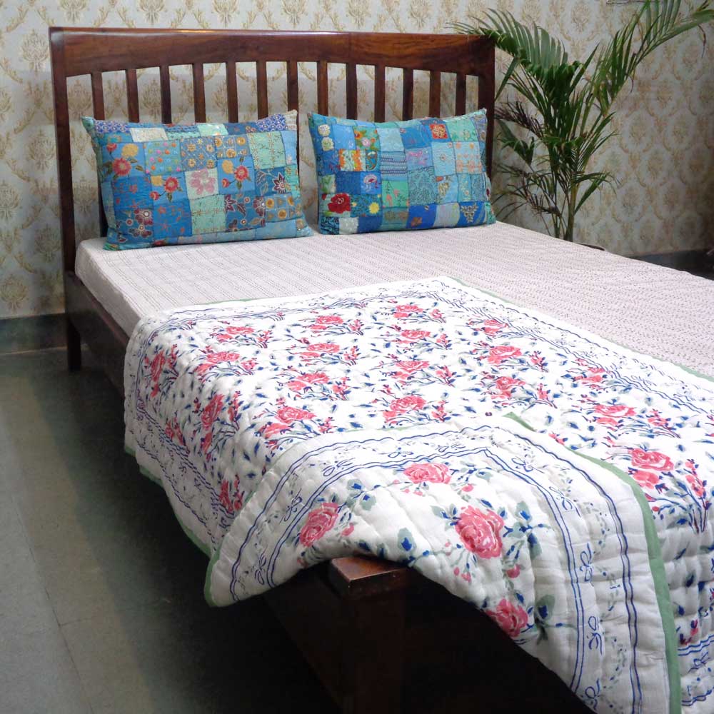 Hand Block Printed Baby Quilt 100x140 cm Jaipur Razai Roseline Pink 108751