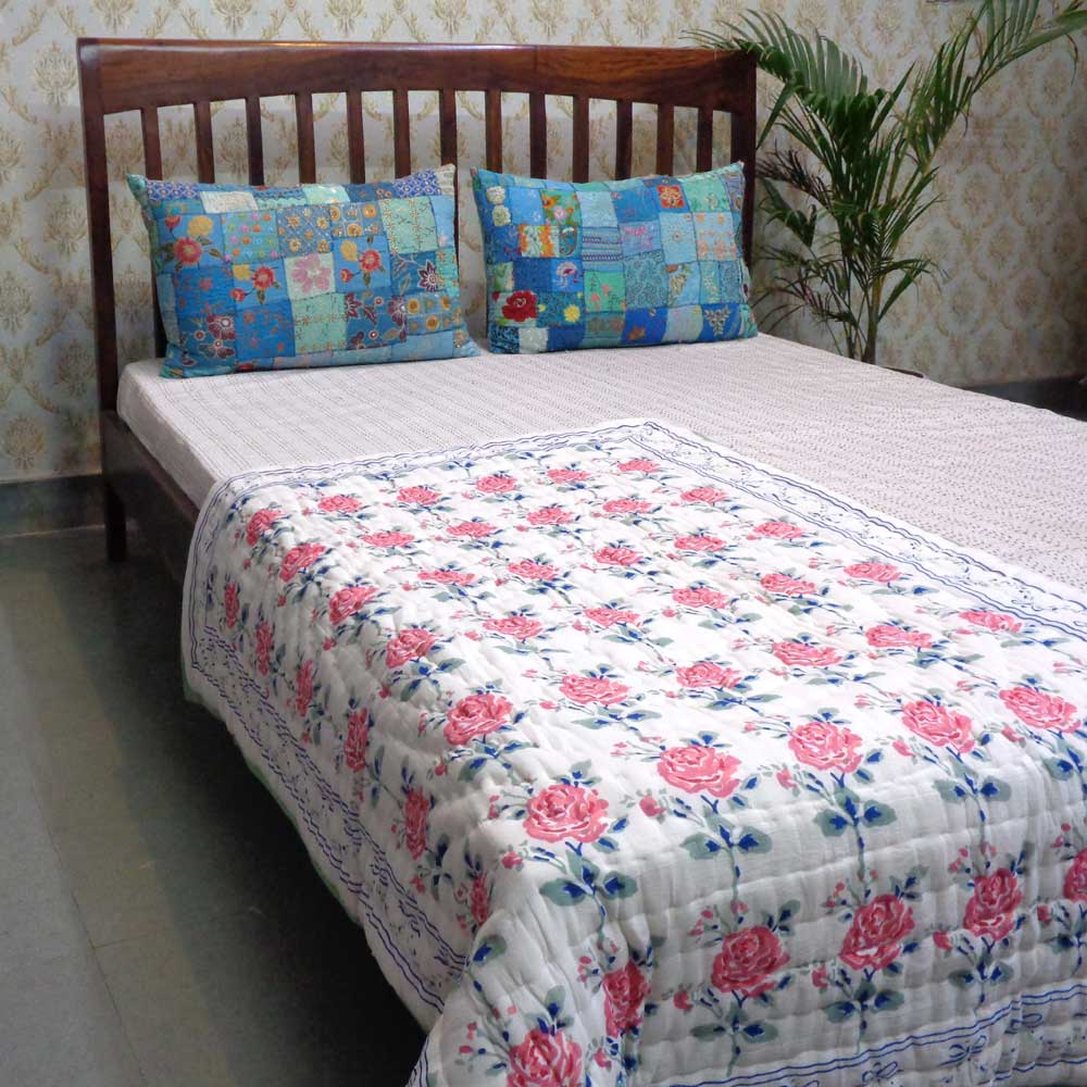 Hand Block Printed Baby Quilt 100x140 cm Jaipur Razai Roseline Pink 108751