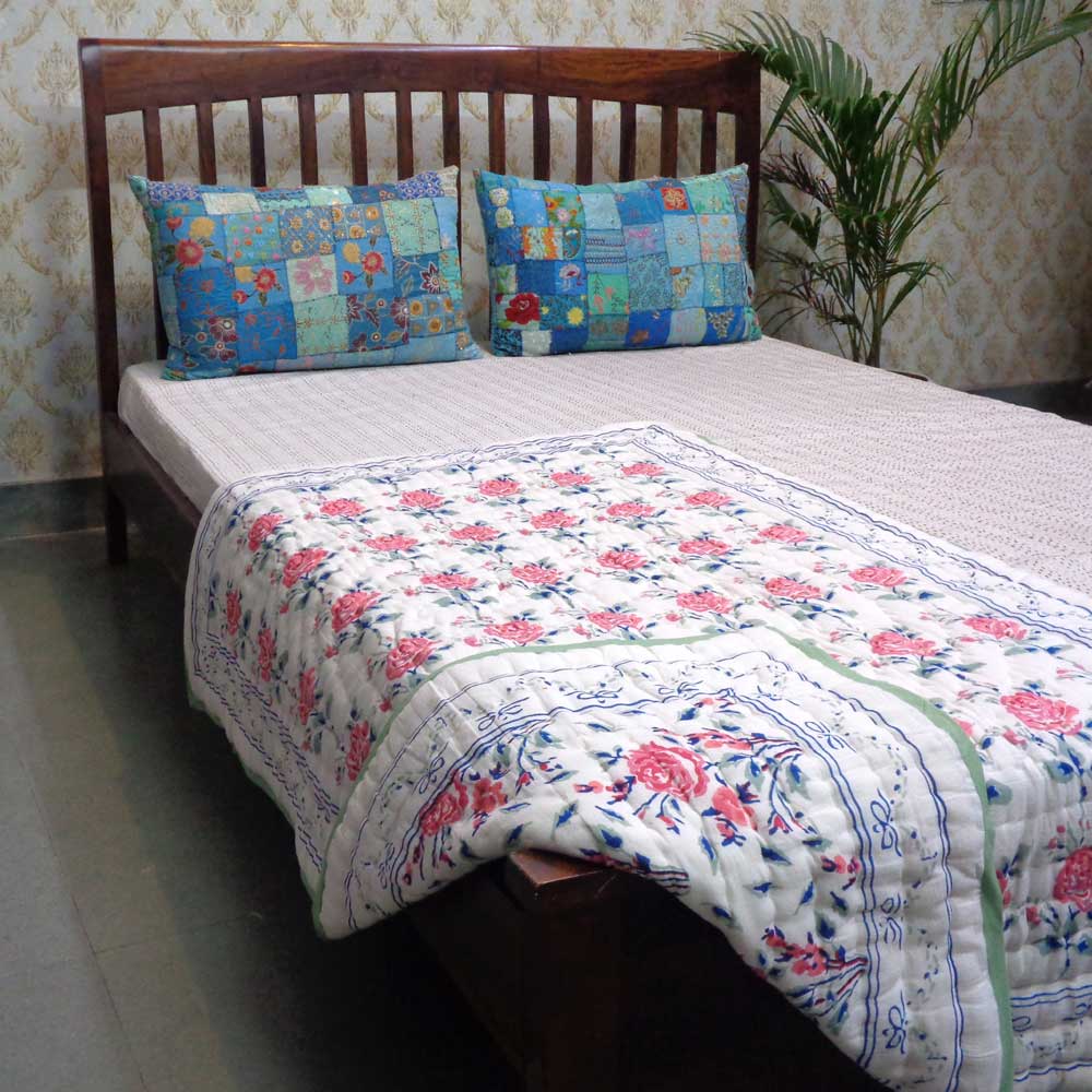 Hand Block Printed Baby Quilt 100x140 cm Jaipur Razai Roseline Pink 108751