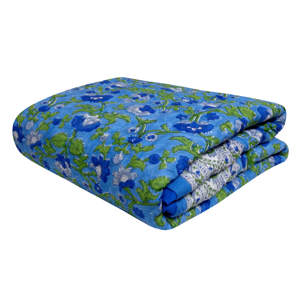 Hand Block Printed Baby Quilt  100x140 cm Jaipur Razai  Rukhsana Blue 205982