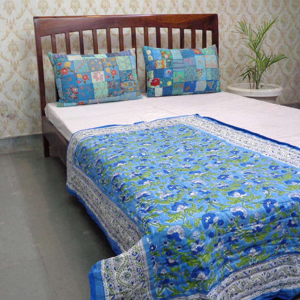 Hand Block Printed Baby Quilt  100x140 cm Jaipur Razai  Rukhsana Blue 205982