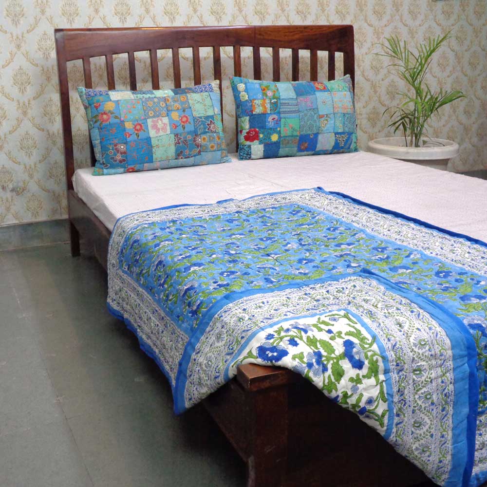 Hand Block Printed Baby Quilt  100x140 cm Jaipur Razai  Rukhsana Blue 205982