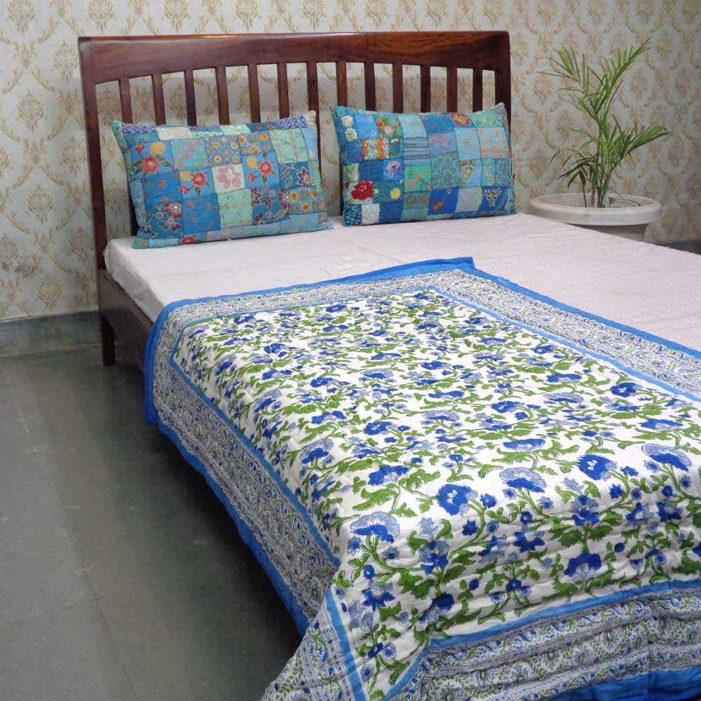 Hand Block Printed Baby Quilt  100x140 cm Jaipur Razai  Rukhsana Blue 205982