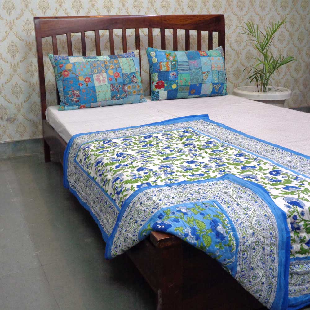 Hand Block Printed Baby Quilt  100x140 cm Jaipur Razai  Rukhsana Blue 205982