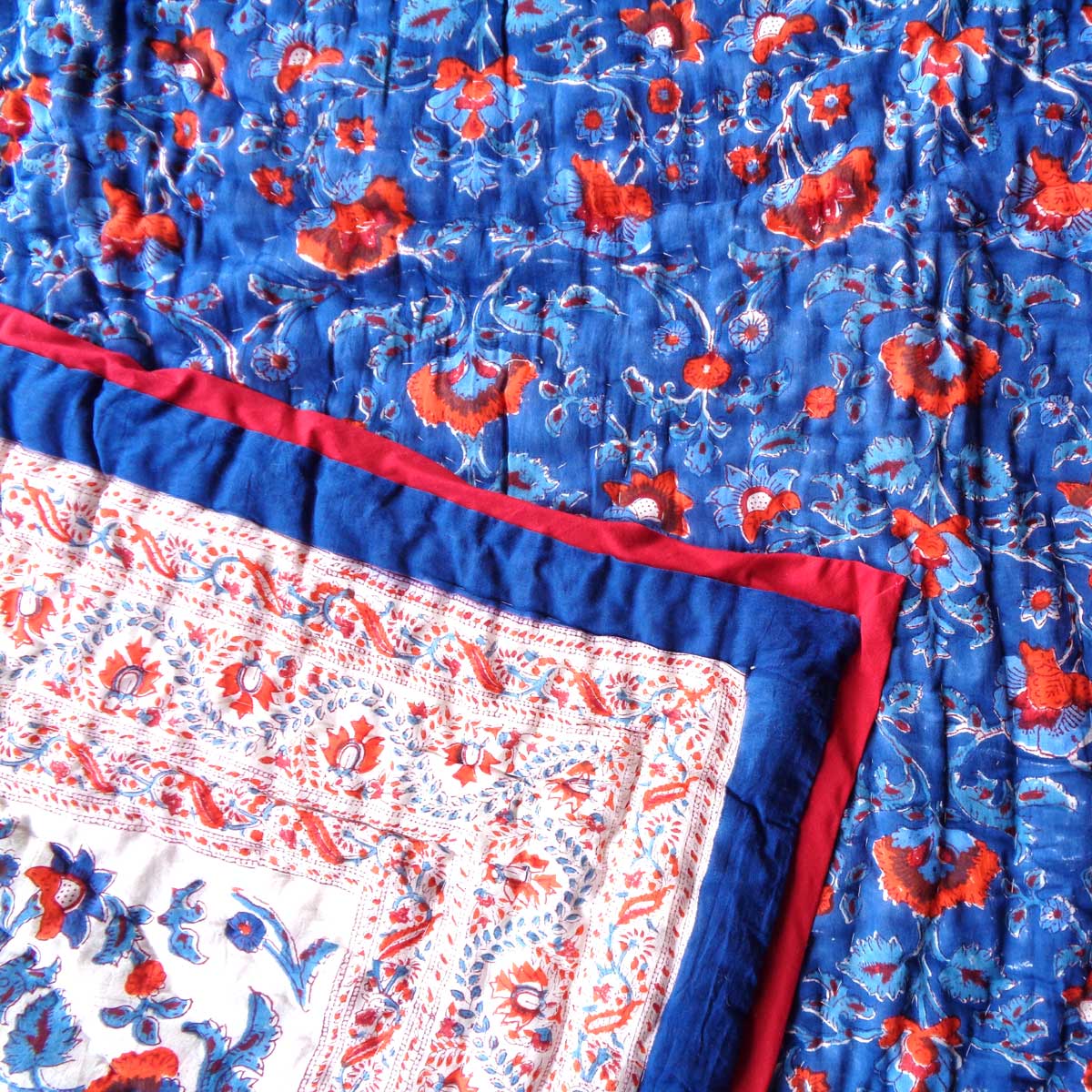 Hand Block Printed Baby Quilt 100x140 cm Jaipur Razai Rukhsana Dazzling Blue 906787