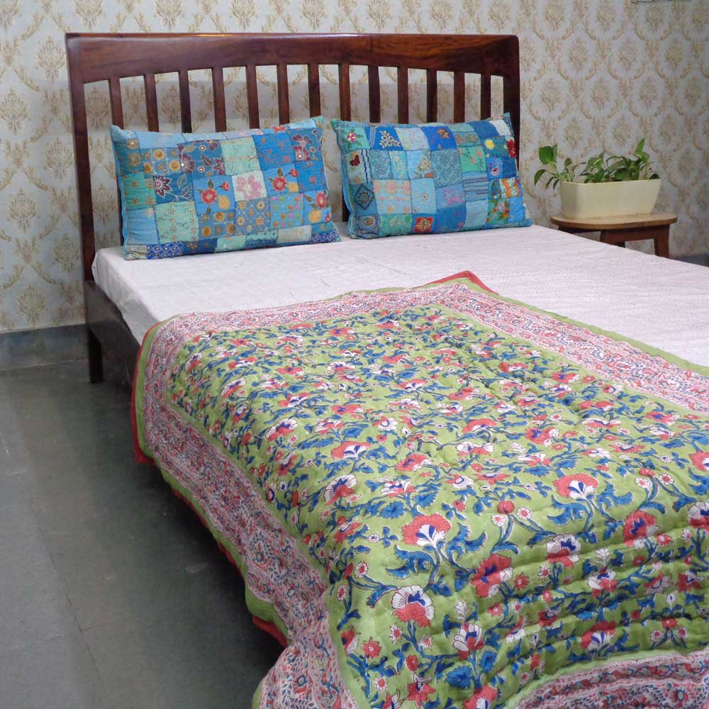 Hand Block Printed Baby Quilt 100x140 cm Jaipur Razai Rukhsana Jade Gud 204222