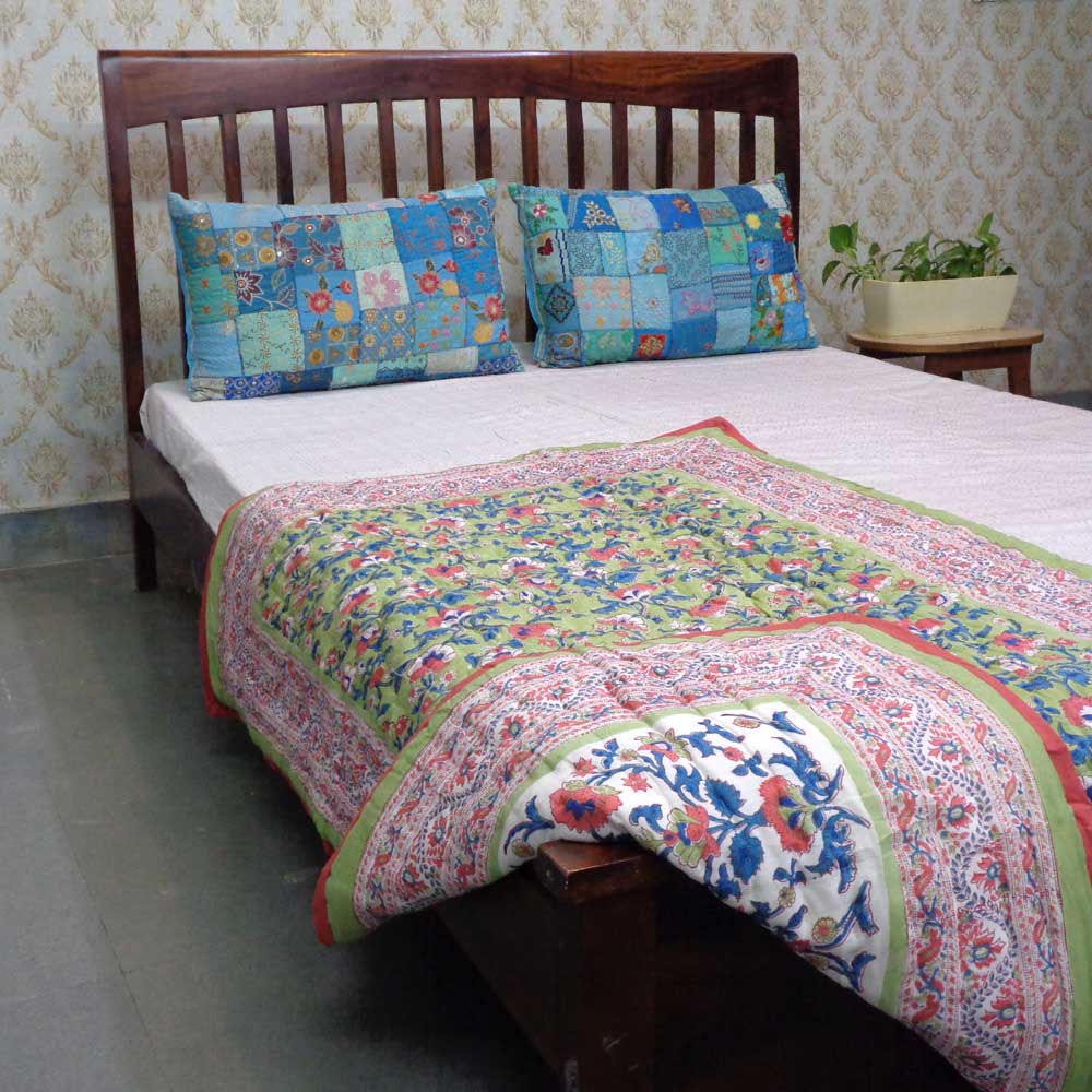 Hand Block Printed Baby Quilt 100x140 cm Jaipur Razai Rukhsana Jade Gud 204222