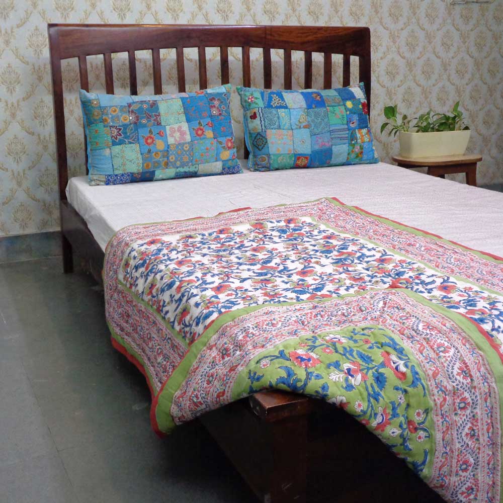 Hand Block Printed Baby Quilt 100x140 cm Jaipur Razai Rukhsana Jade Gud 204222