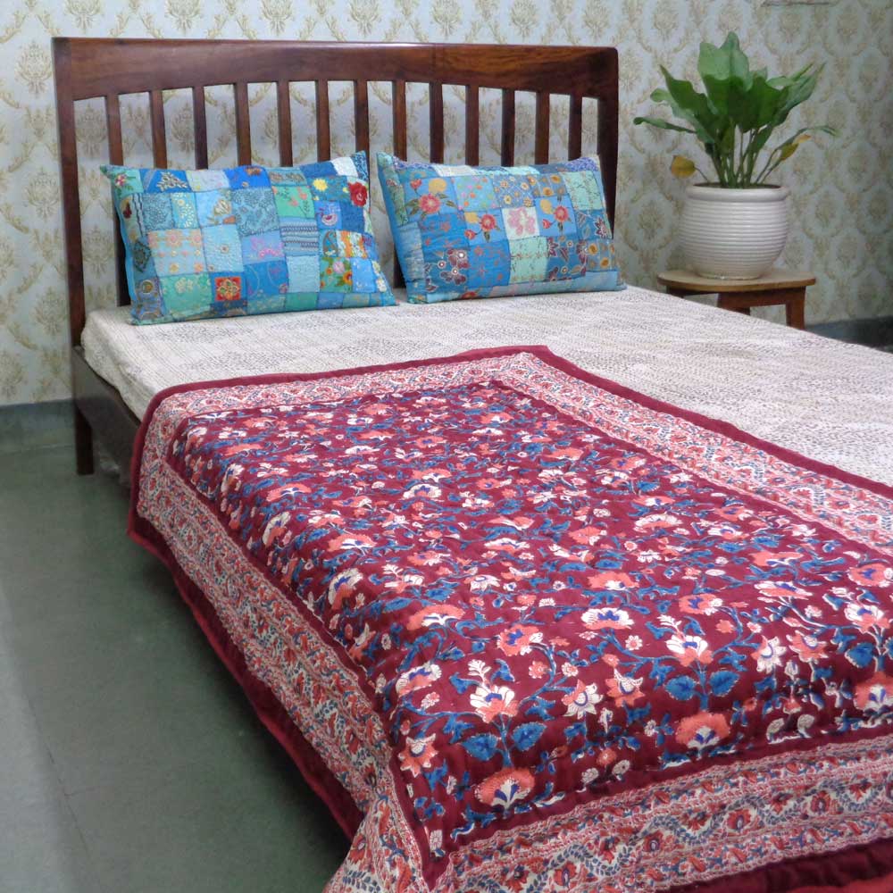 Hand Block Printed Baby Quilt 100x140 cm Jaipur Razai Rukhsana Maroon Gud 105823
