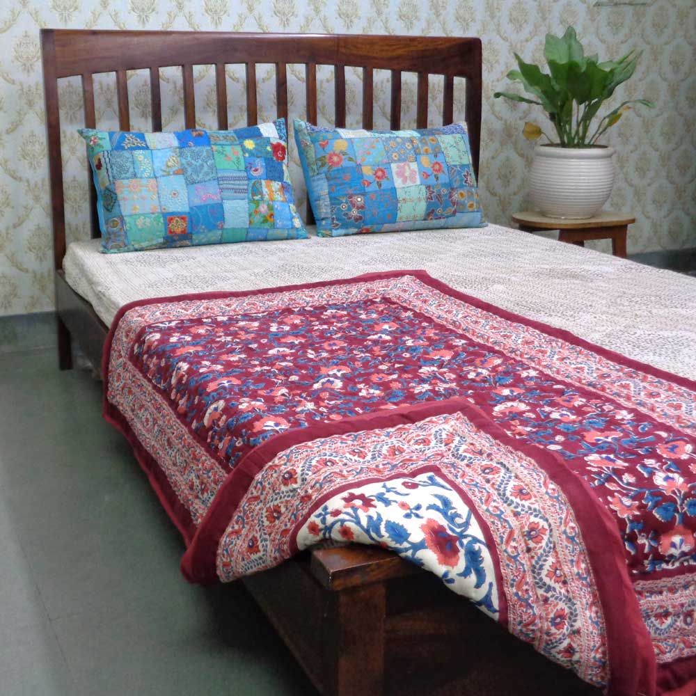 Hand Block Printed Baby Quilt  100x140 cm Jaipur Razai  Rukhsana Maroon Gud 105823