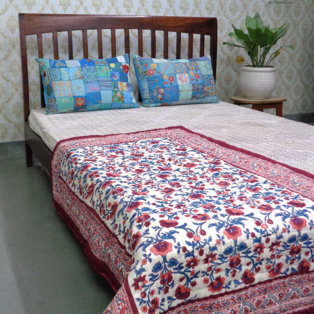 Hand Block Printed Baby Quilt 100x140 cm Jaipur Razai Rukhsana Maroon Gud 105823