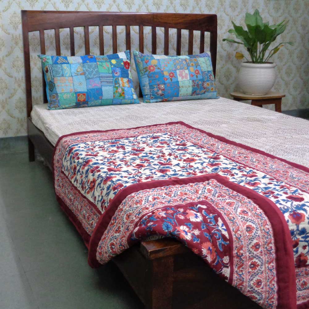 Hand Block Printed Baby Quilt 100x140 cm Jaipur Razai Rukhsana Maroon Gud 105823