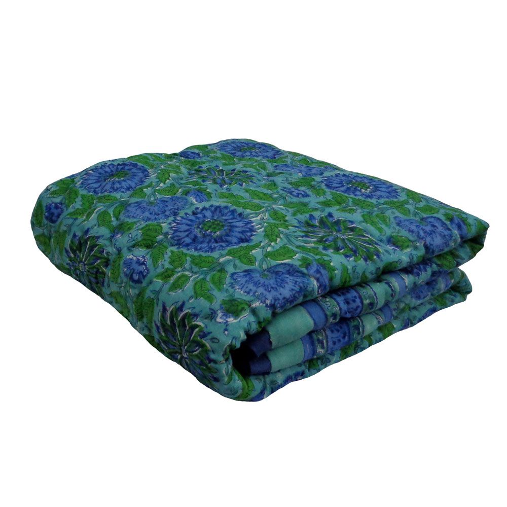 Hand Block Printed Baby Quilt 100x140 cm Jaipur Razai Surajmukhi Blue 0988