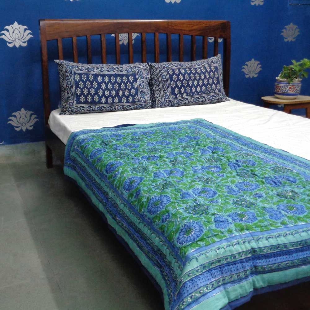 Hand Block Printed Baby Quilt 100x140 cm Jaipur Razai Surajmukhi Blue 0988