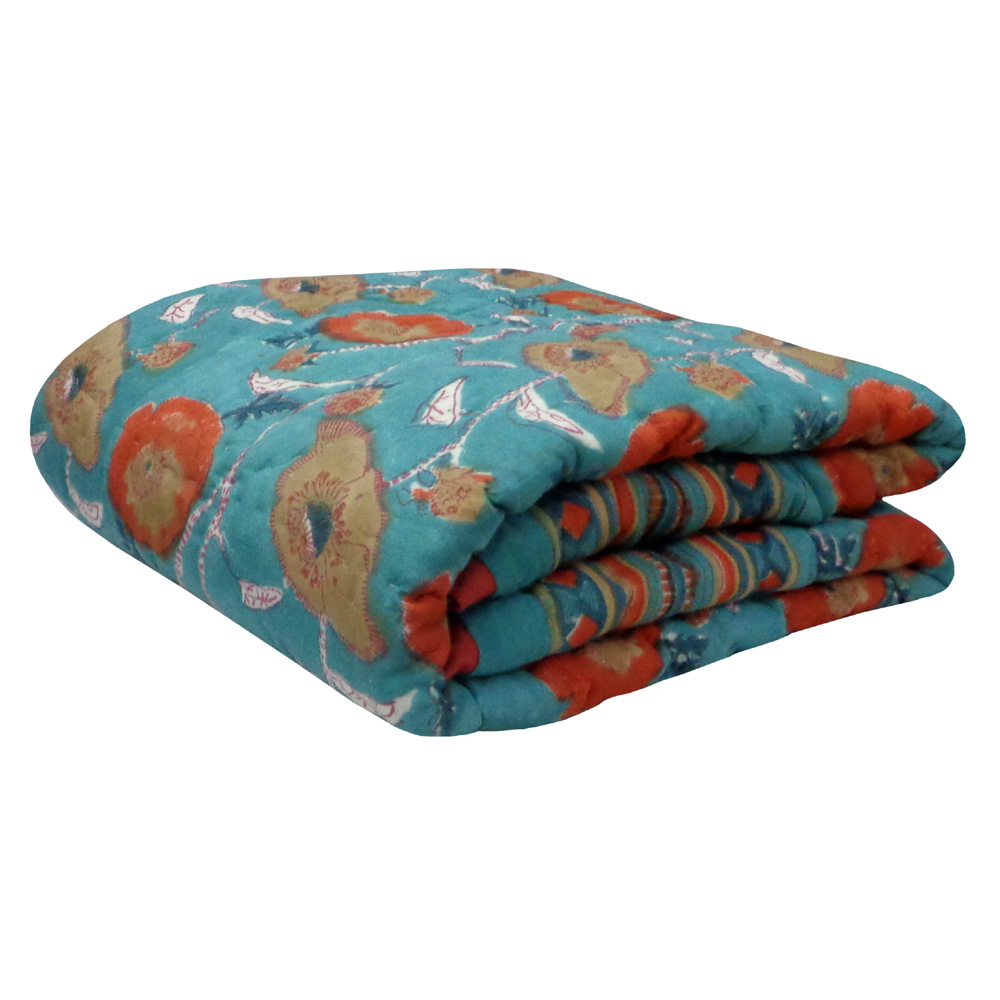 Hand Block Printed Baby Quilt 100x140 cm Jaipur Razai Teal Flower 105496