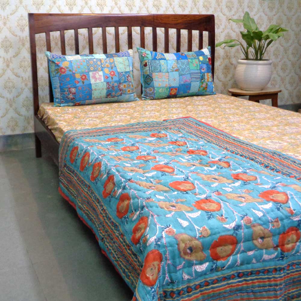 Hand Block Printed Baby Quilt 100x140 cm Jaipur Razai Teal Flower 105496