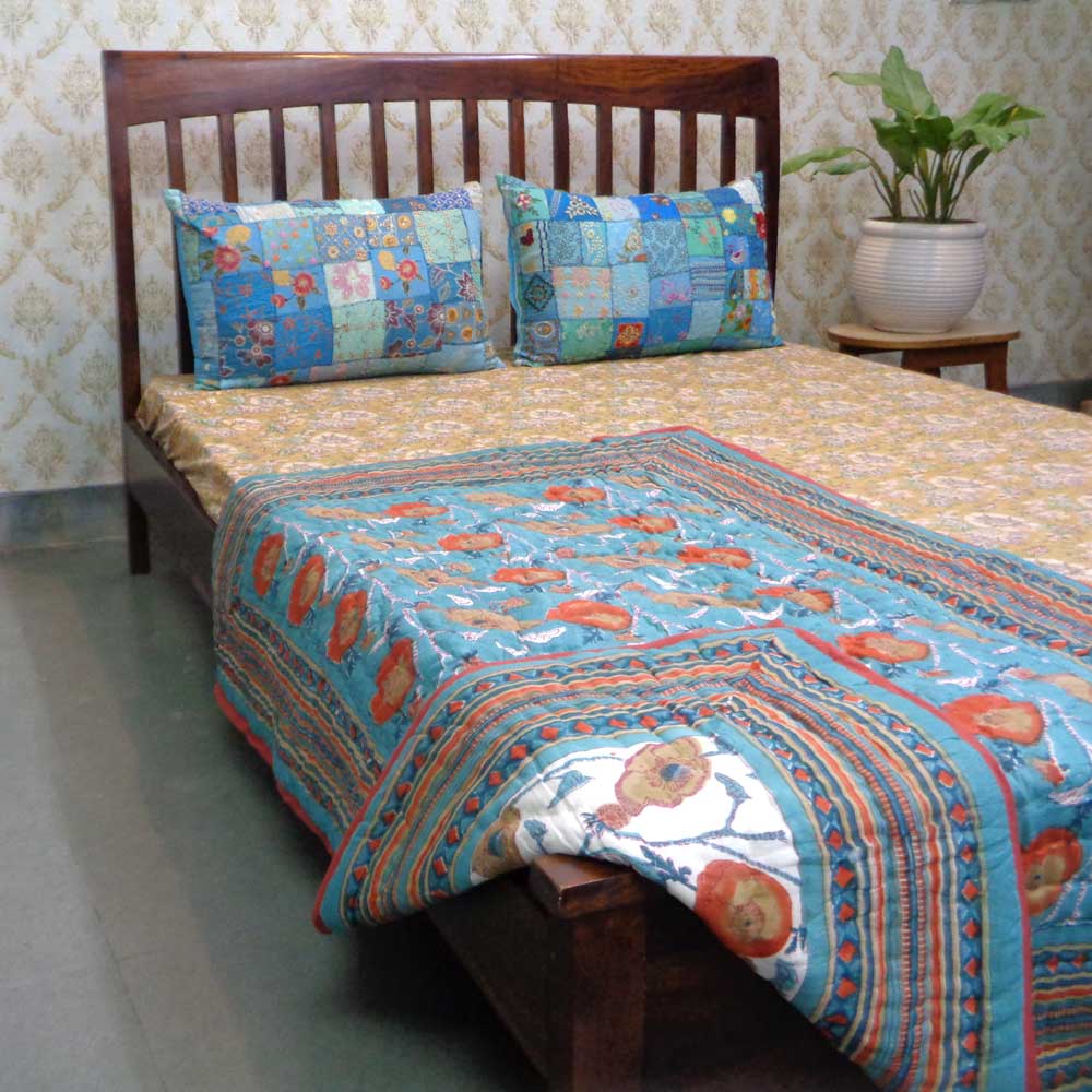 Hand Block Printed Baby Quilt 100x140 cm Jaipur Razai Teal Flower 105496