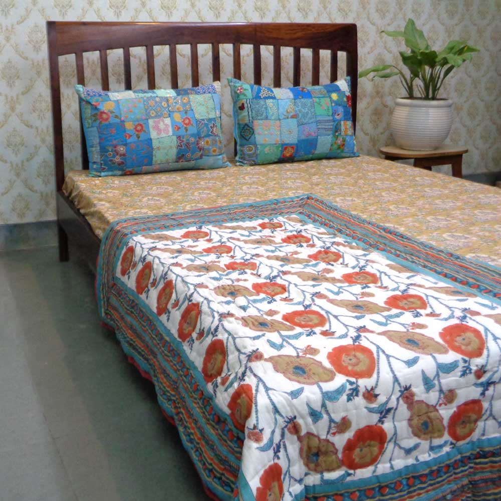 Hand Block Printed Baby Quilt 100x140 cm Jaipur Razai Teal Flower 105496
