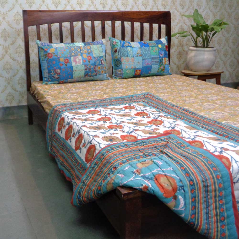 Hand Block Printed Baby Quilt 100x140 cm Jaipur Razai Teal Flower 105496