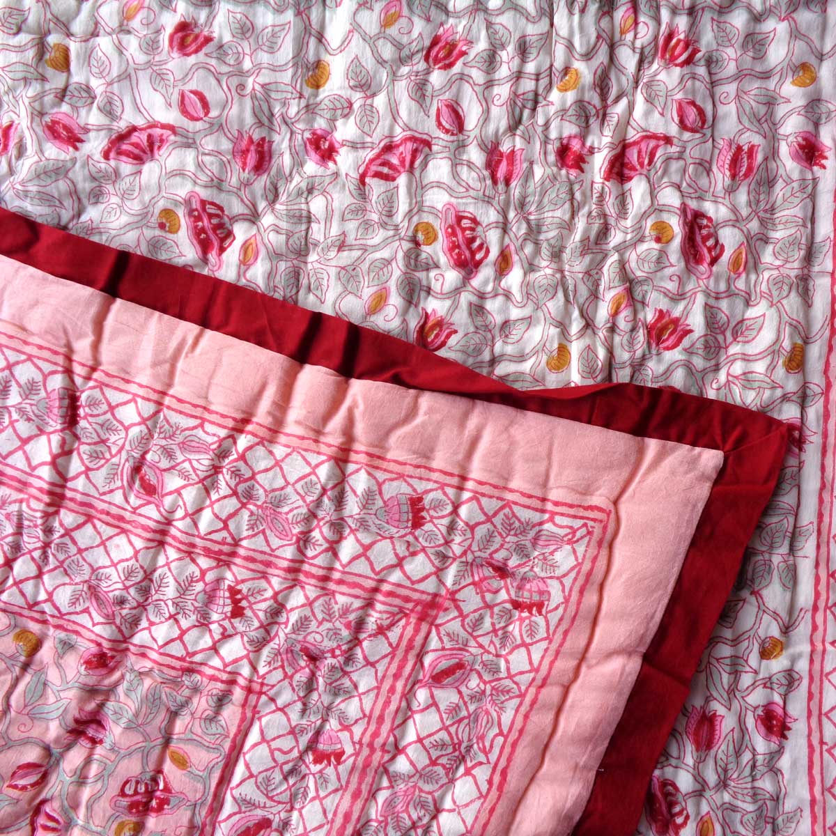 Hand Block Printed Baby Quilt 100x140 cm Jaipur Razai Waterlily Pink Gud 906174