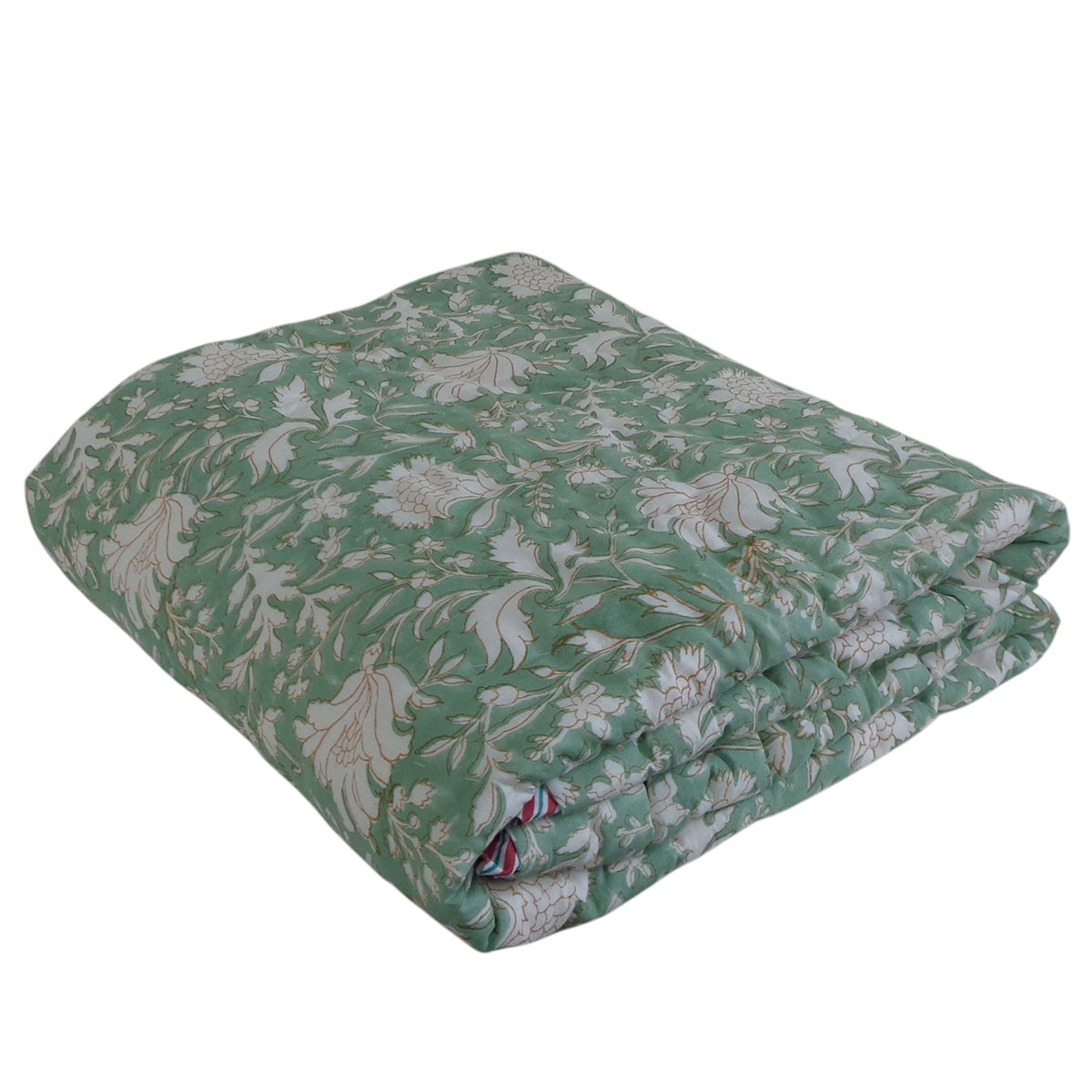Hand Block Printed Baby Quilt Jaipur Razai  White Green Flower 202215