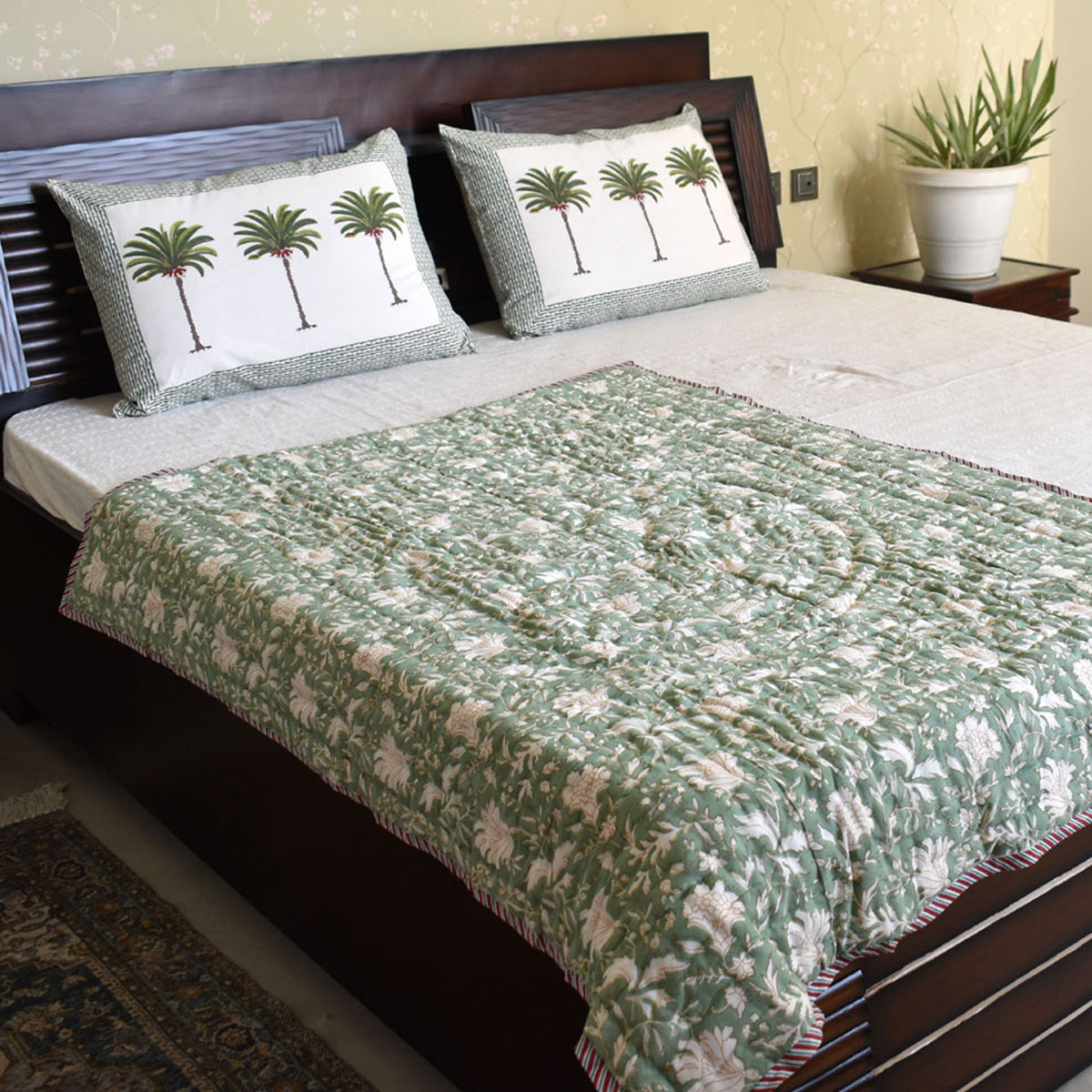 Hand Block Printed Baby Quilt Jaipur Razai  White Green Flower 202215