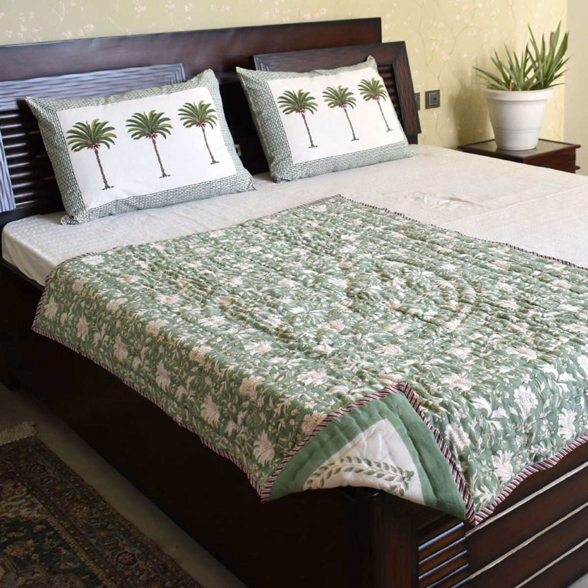 Hand Block Printed Baby Quilt Jaipur Razai  White Green Flower 202215