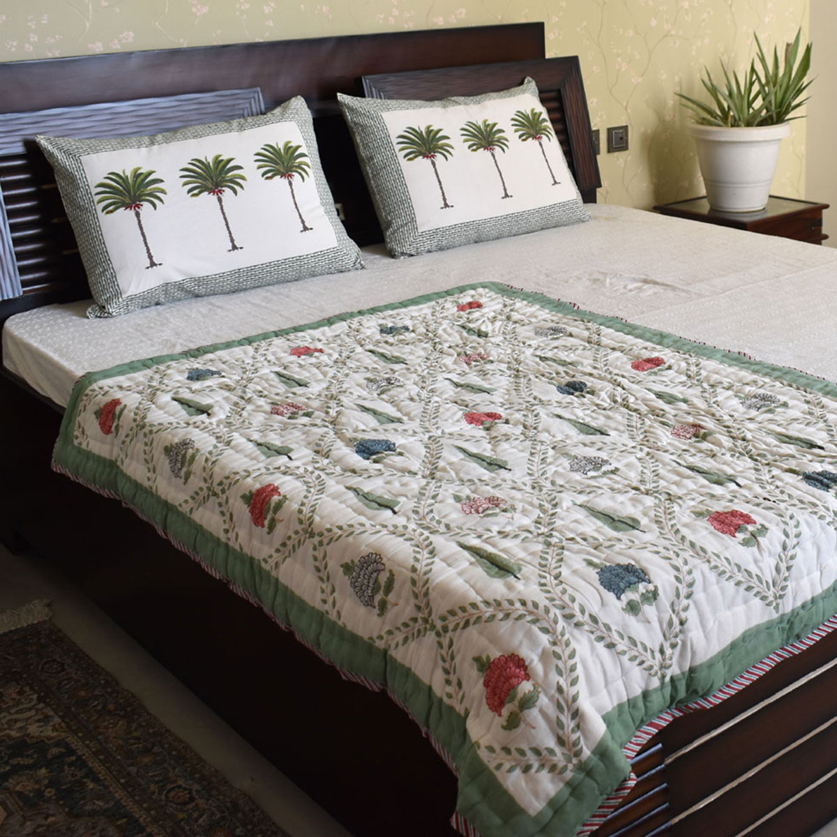 Hand Block Printed Baby Quilt Jaipur Razai  White Green Flower 202215