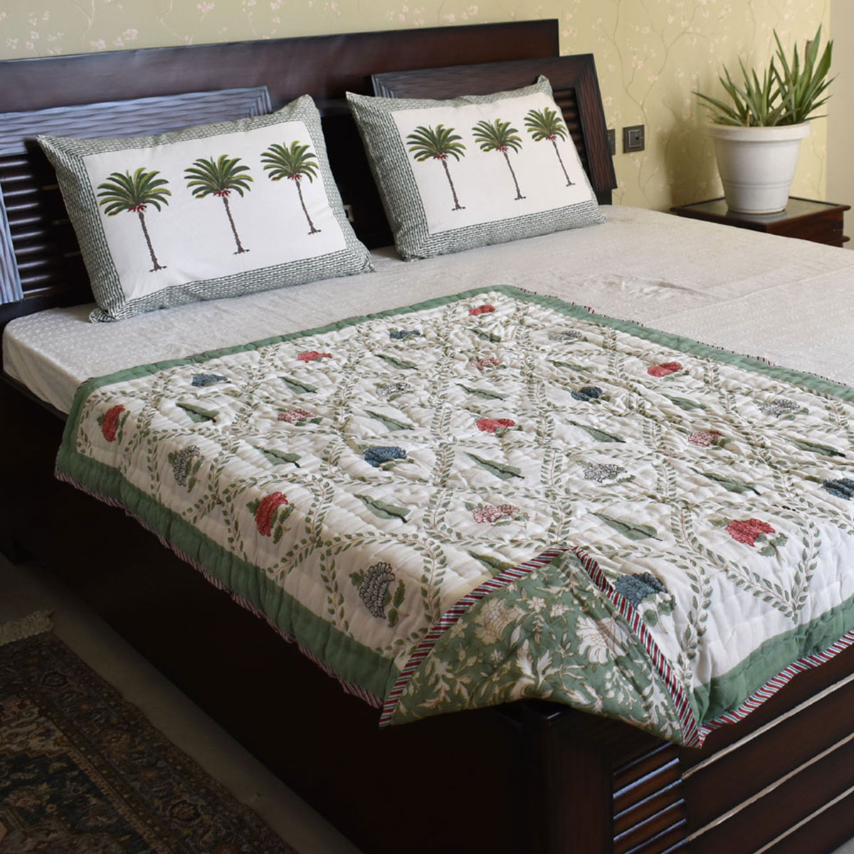 Hand Block Printed Baby Quilt Jaipur Razai  White Green Flower 202215