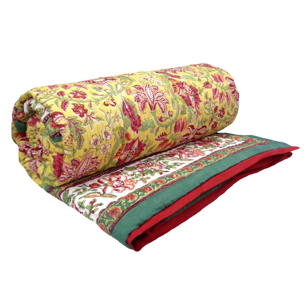 Hand Block Printed Cotton King Size Quilt Anarkali Lime 100068