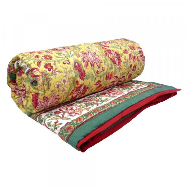 Image of Hand Block Printed Cotton King Size Quilt | Anarkali Lime 100068