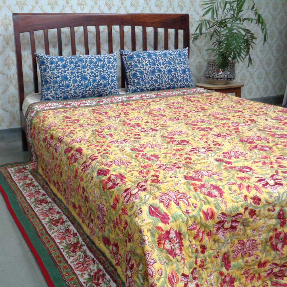 Hand Block Printed Cotton King Size Quilt Anarkali Lime Gud 260620