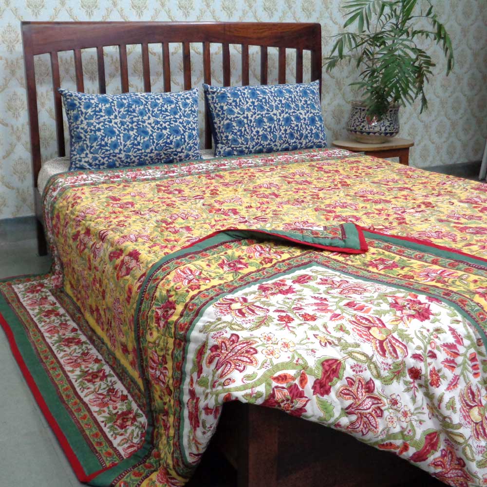 Hand Block Printed Cotton King Size Quilt Anarkali Lime 100068