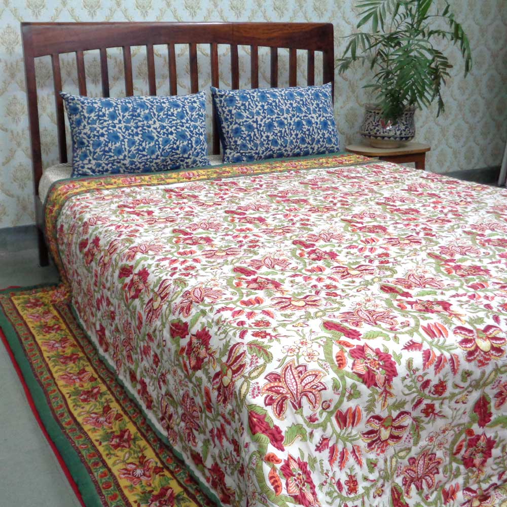 Hand Block Printed Cotton King Size Quilt Anarkali Lime Gud 260620