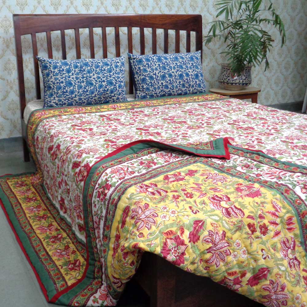 Hand Block Printed Cotton King Size Quilt Anarkali Lime Gud 260620