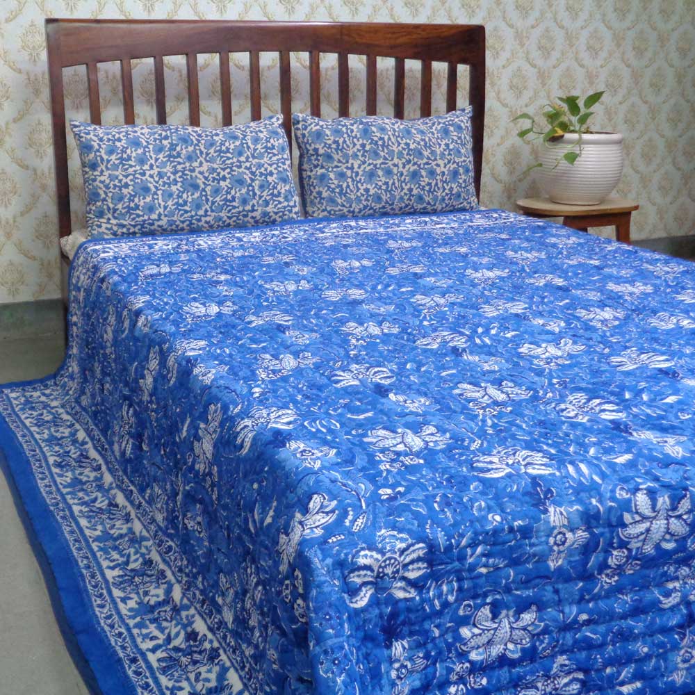 Hand Block Printed Cotton Quilt King Size  Anarkali Blue Gud 106797
