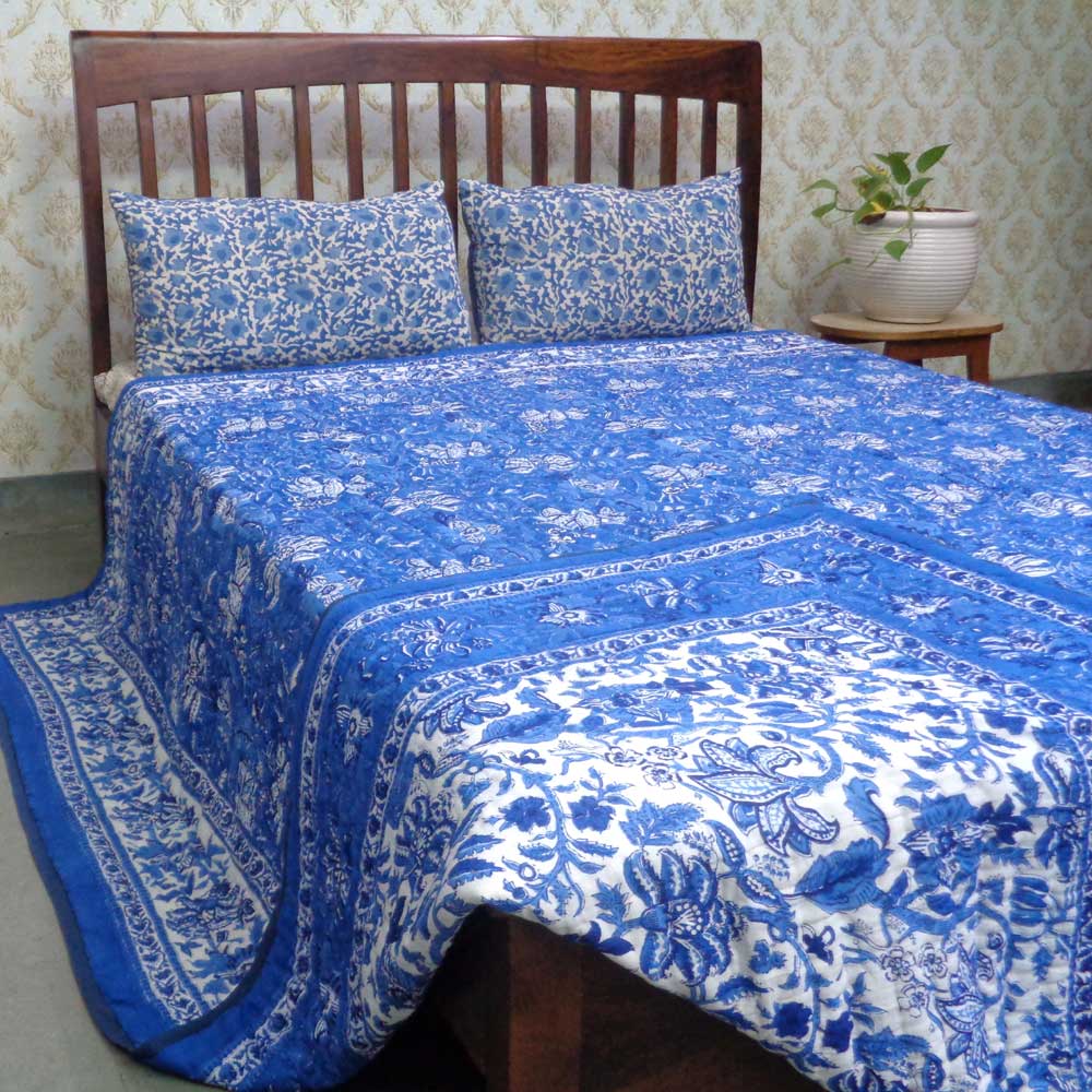 Hand Block Printed Cotton Quilt King Size  Anarkali Blue Gud 106797