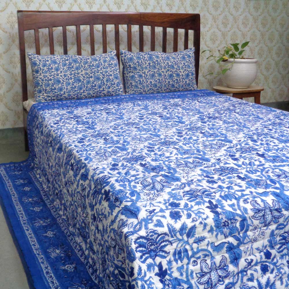 Hand Block Printed Cotton Quilt King Size  Anarkali Blue Gud 106797