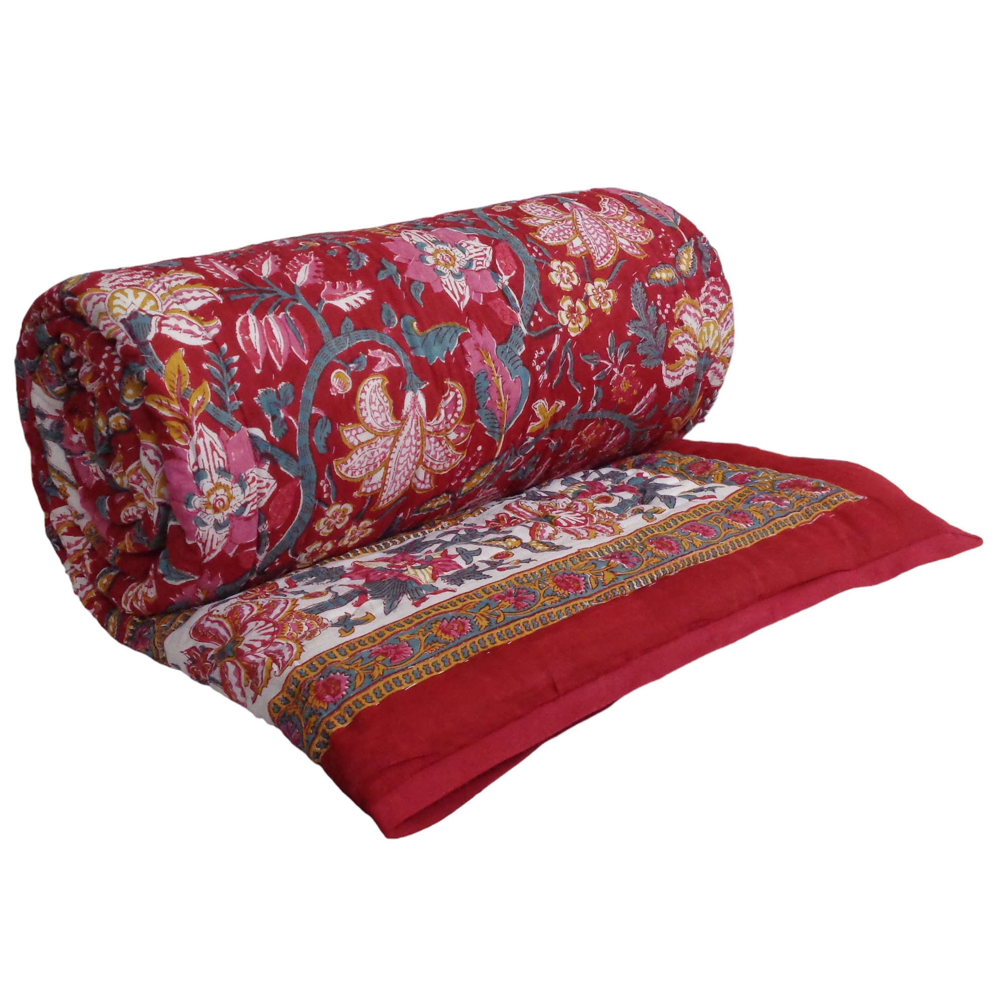 Hand Block Printed Cotton King Size Quilt Anarkali Red Gud 201397