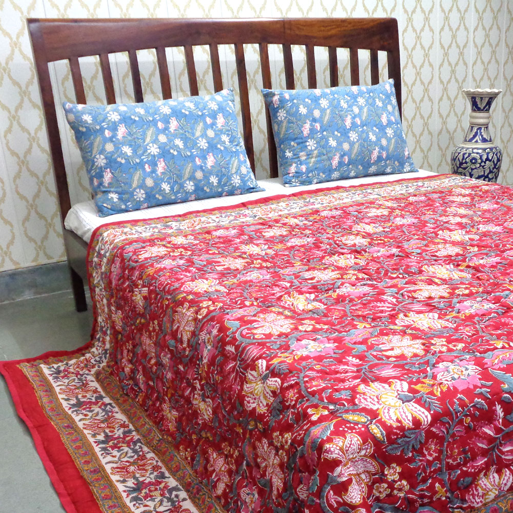 Hand Block Printed Cotton King Size Quilt Anarkali Red Gud 201397