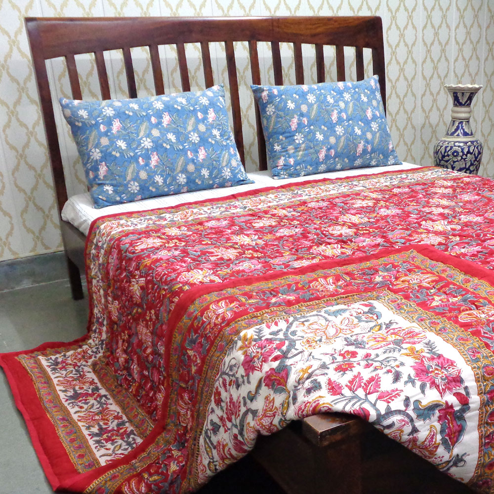 Hand Block Printed Cotton King Size Quilt Anarkali Red Gud 201397
