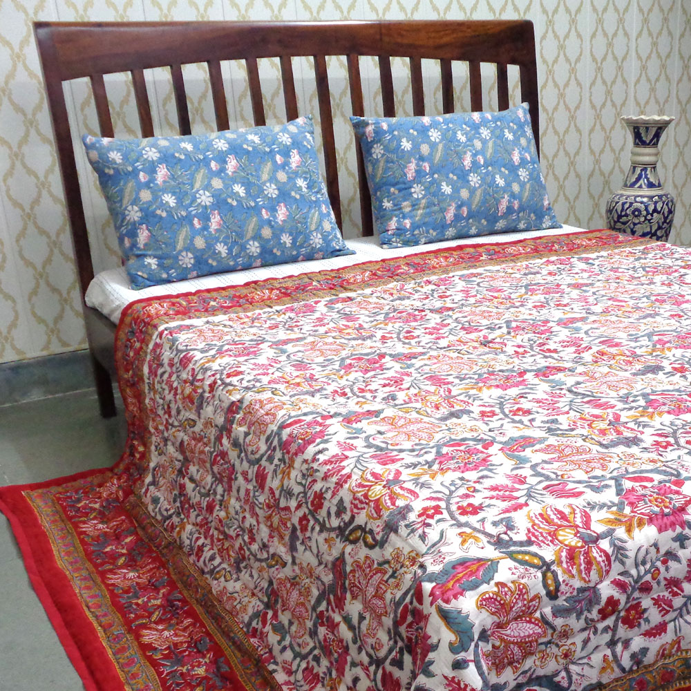 Hand Block Printed Cotton King Size Quilt Anarkali Red Gud 201397