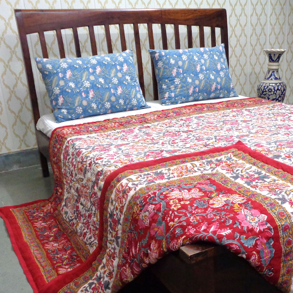 Hand Block Printed Cotton King Size Quilt Anarkali Red Gud 201397