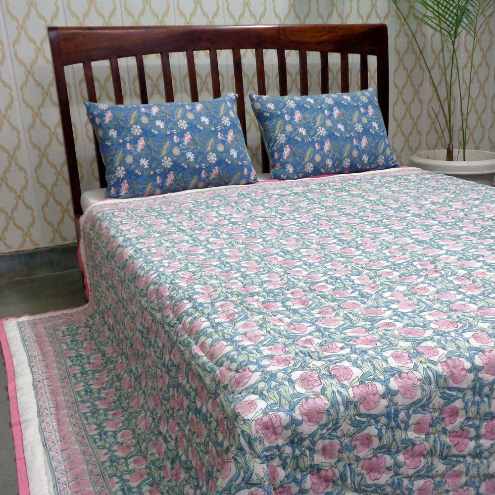 Hand Block Printed Cotton Quilt King Size Bauhaus Pink Flower 601774