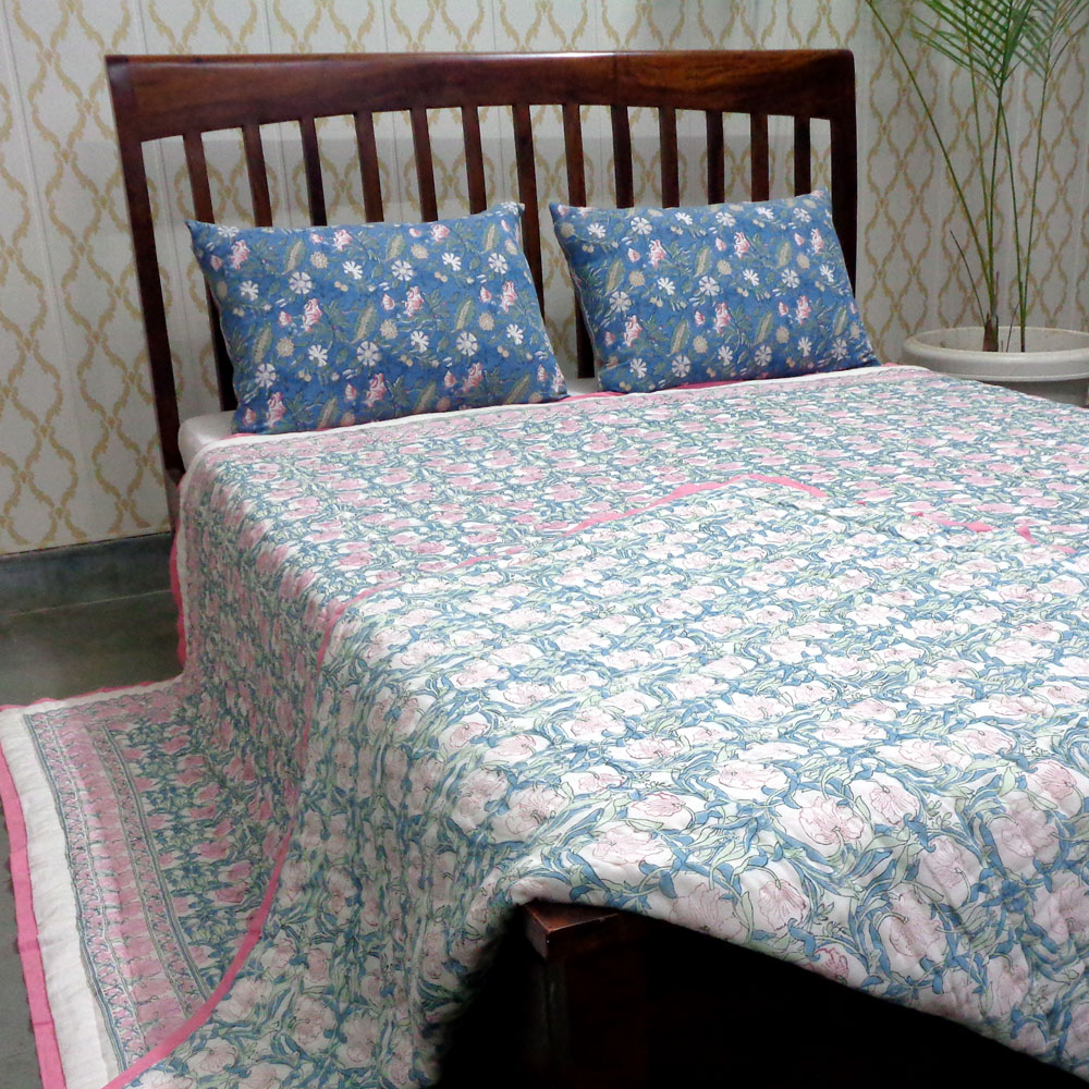 Hand Block Printed Cotton Quilt King Size  Bauhaus Pink Flower 601774