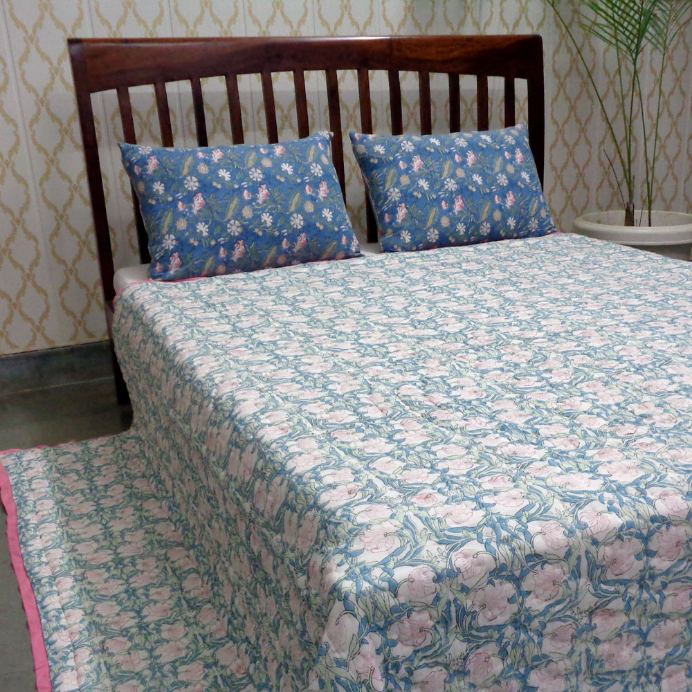 Hand Block Printed Cotton Quilt King Size  Bauhaus Pink Flower 601774