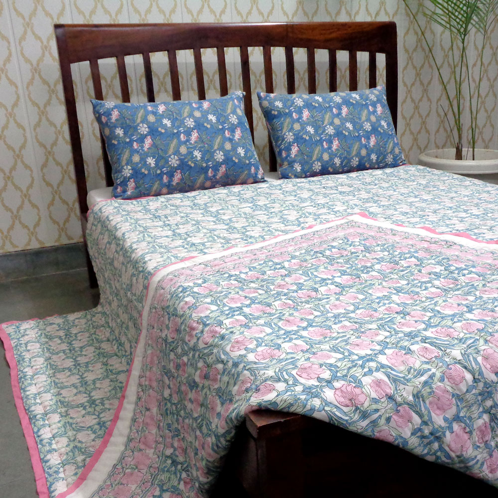 Hand Block Printed Cotton Quilt King Size  Bauhaus Pink Flower 601774
