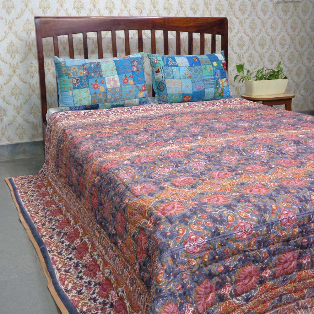 Hand Block Printed Cotton Quilt King Size Bird Of Paradise Gud 204347