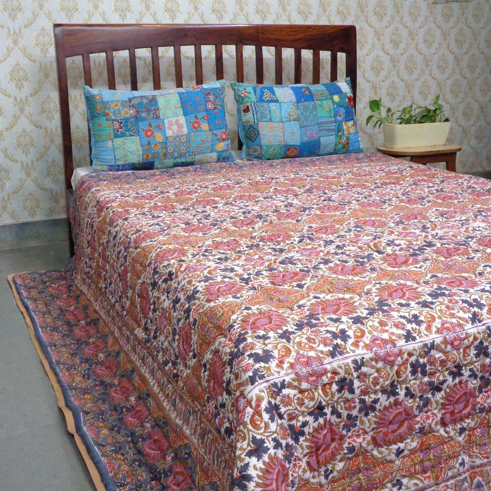 Hand Block Printed Cotton Quilt King Size Bird Of Paradise Gud 204347