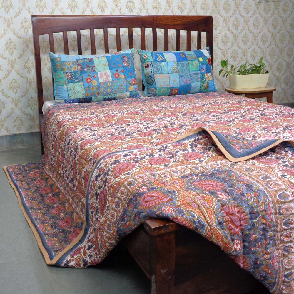 Hand Block Printed Cotton Quilt King Size Bird Of Paradise Gud 204347